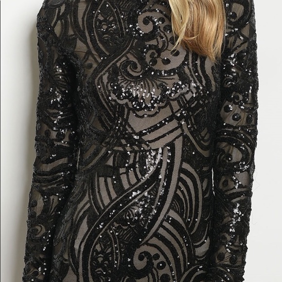 BLACK MOCK NECK LINED SEQUINS DRESS - Picture 3 of 7